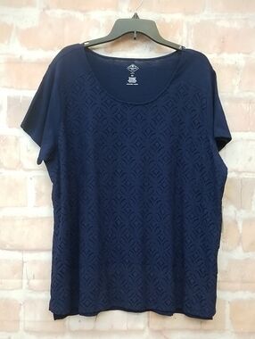 NWT St. John's Bay Women's Navy Short Sleeve Lace-Pattern Scoop Neck Top Size 2X